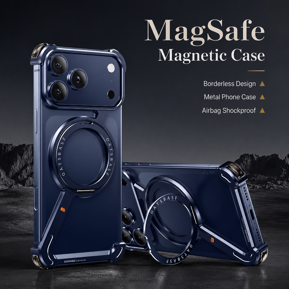Premium iPhone Case Aluminum Magnetic Cover MagSafe Compatible Frameless Shockproof Rotating Ring Stand Camera Lens Protection