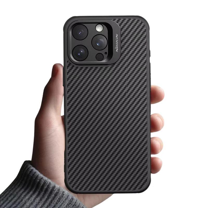 Premium iPhone Case Aramid Fiber Kevlar 600D Half Wrapped Cover with MagSafe Invisible Camera Ring Stand Shockproof Anti Fingerprint Design