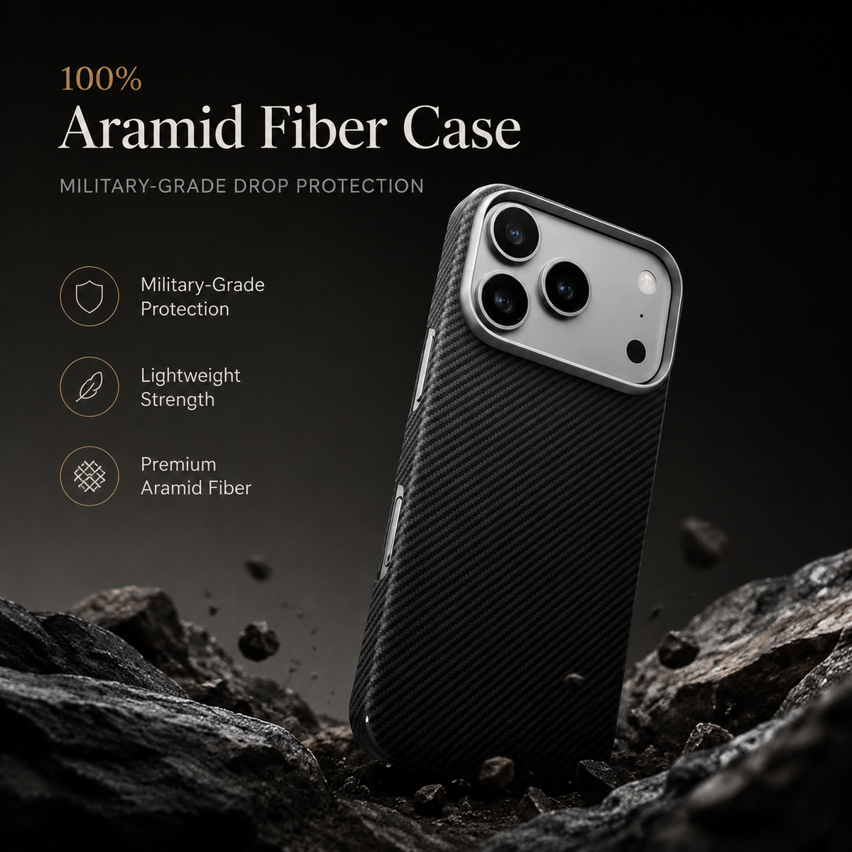 Premium iPhone Case Aramid Fiber Slim Hard Cover Military Grade Shockproof Matte Black Durable Protection