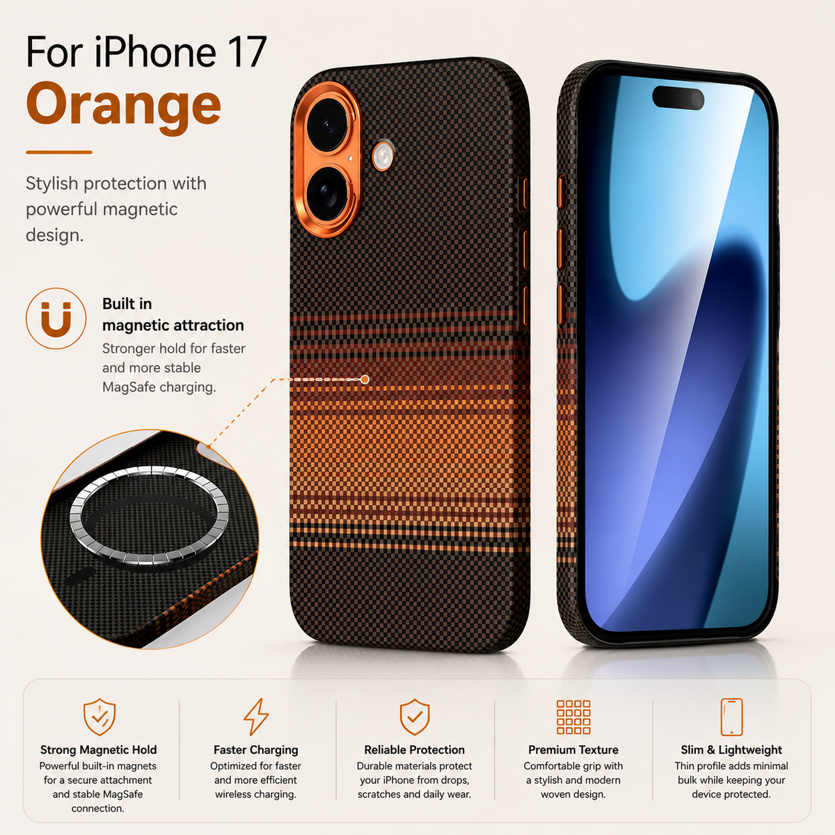 Premium iPhone Case Carbon Fiber Pattern MagSafe Compatible Kevlar Style Shockproof PC Hard Protective Cover with Magnetic Alignment Design