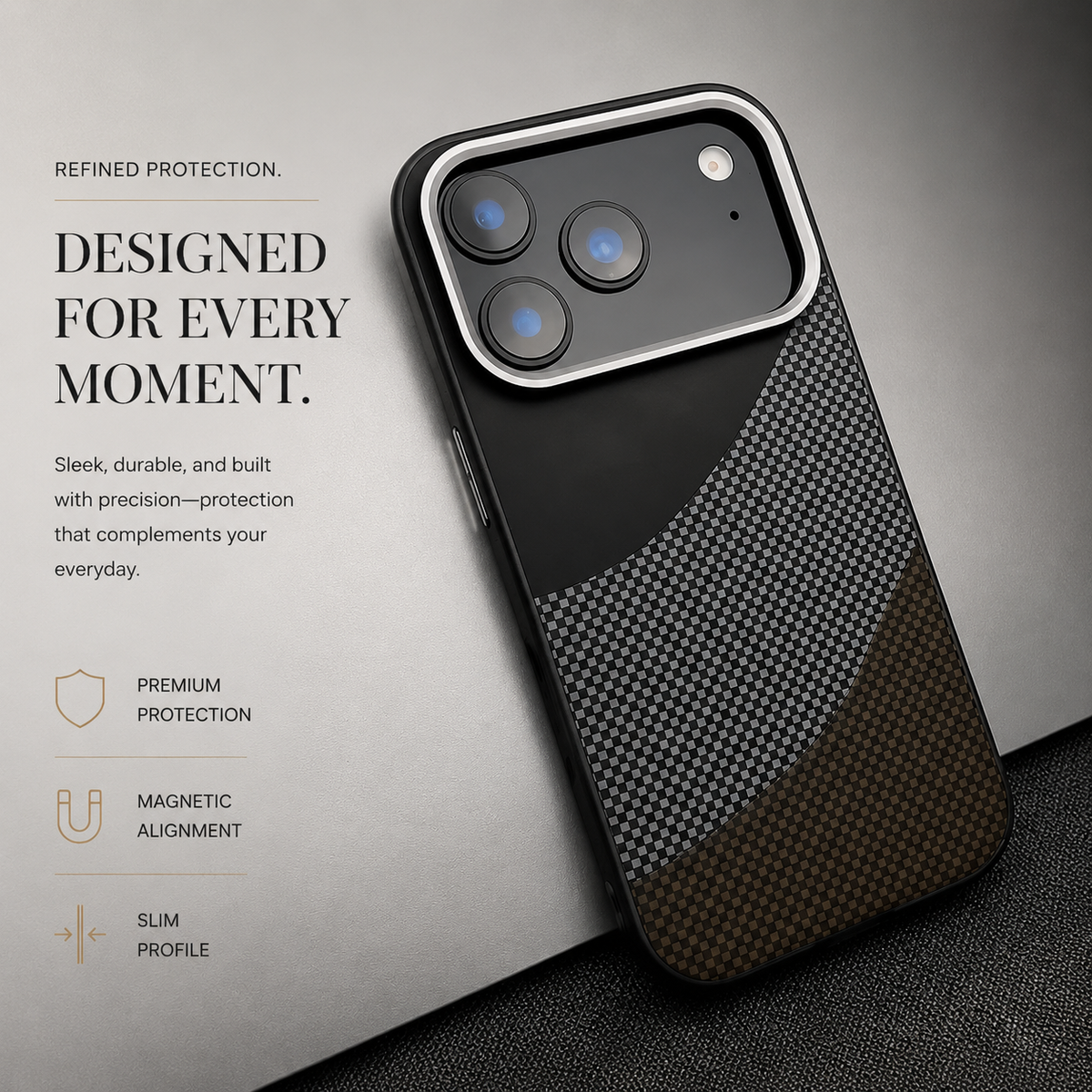 Premium iPhone Case Carbon Fiber Texture MagSafe Armor Cover Alloy Lens Protection Shockproof Non Slip Full Coverage Protective Case
