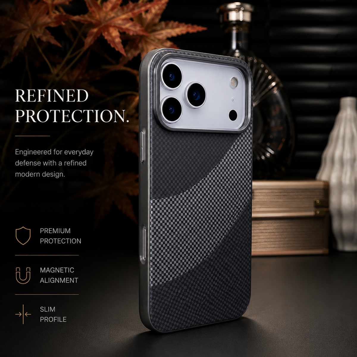 Premium iPhone Case Carbon Fiber Texture MagSafe Armor Cover Alloy Lens Protection Shockproof Non Slip Full Coverage Protective Case