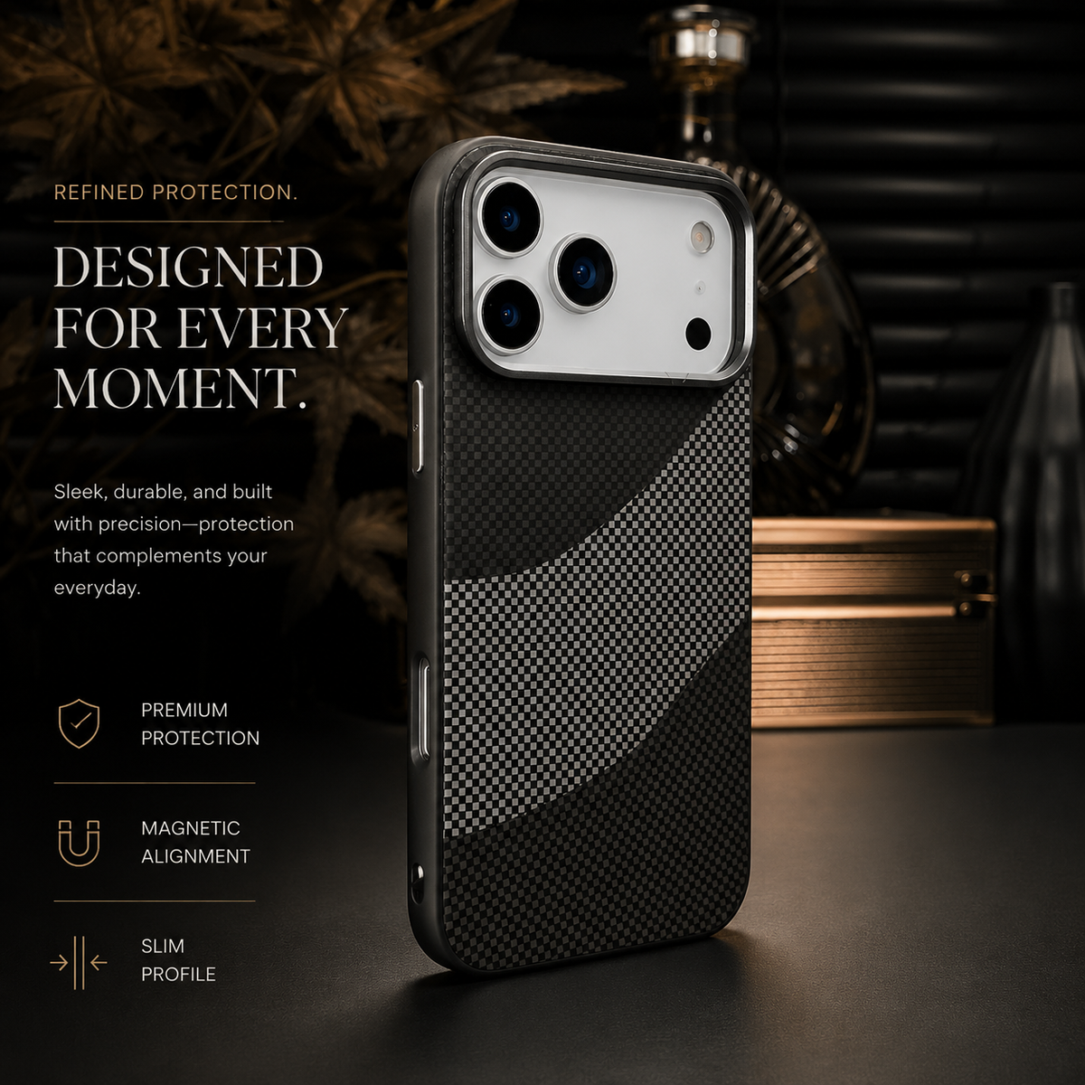 Premium iPhone Case Carbon Fiber Texture MagSafe Armor Cover Alloy Lens Protection Shockproof Non Slip Full Coverage Protective Case