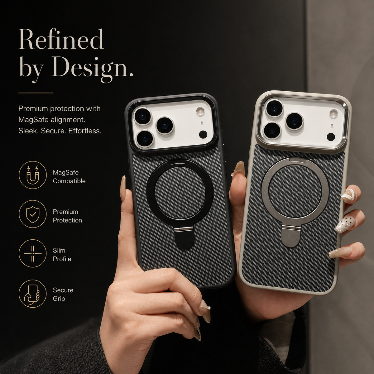 Premium iPhone Case Carbon Fiber Texture Magnetic Stand Holder Cover Shockproof Anti Fingerprint Protection