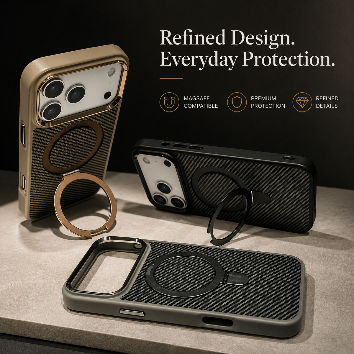 Premium iPhone Case Carbon Fiber Texture Magnetic Stand Holder Cover Shockproof Anti Fingerprint Protection
