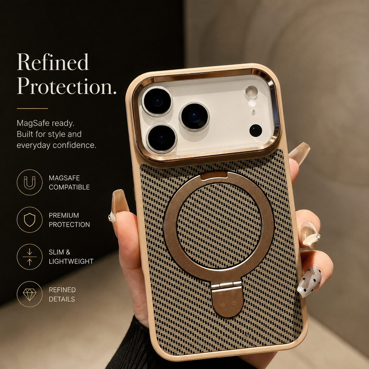 Premium iPhone Case Carbon Fiber Texture Magnetic Stand Holder Cover Shockproof Anti Fingerprint Protection