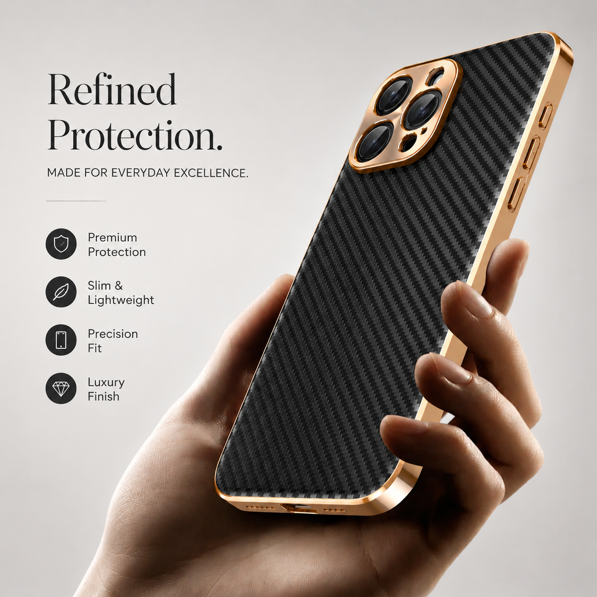 Premium iPhone Case Carbon Fiber Textured Leather Cover Alloy Metal Lens Protection Shockproof Slim Design