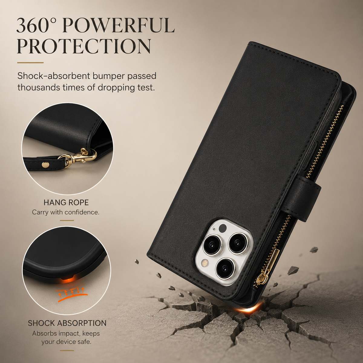 Premium iPhone Case Chain Zipper Wallet Flip Cover 6 Card Slots Magnetic Shockproof Leather Protection