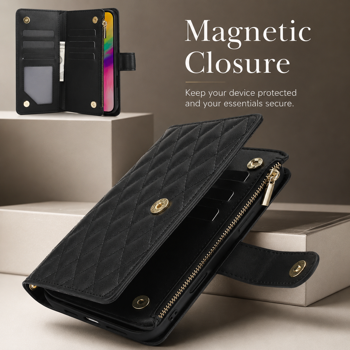 Premium iPhone Case Chain Zipper Wallet Flip Cover 6 Card Slots Magnetic Shockproof Leather Protection
