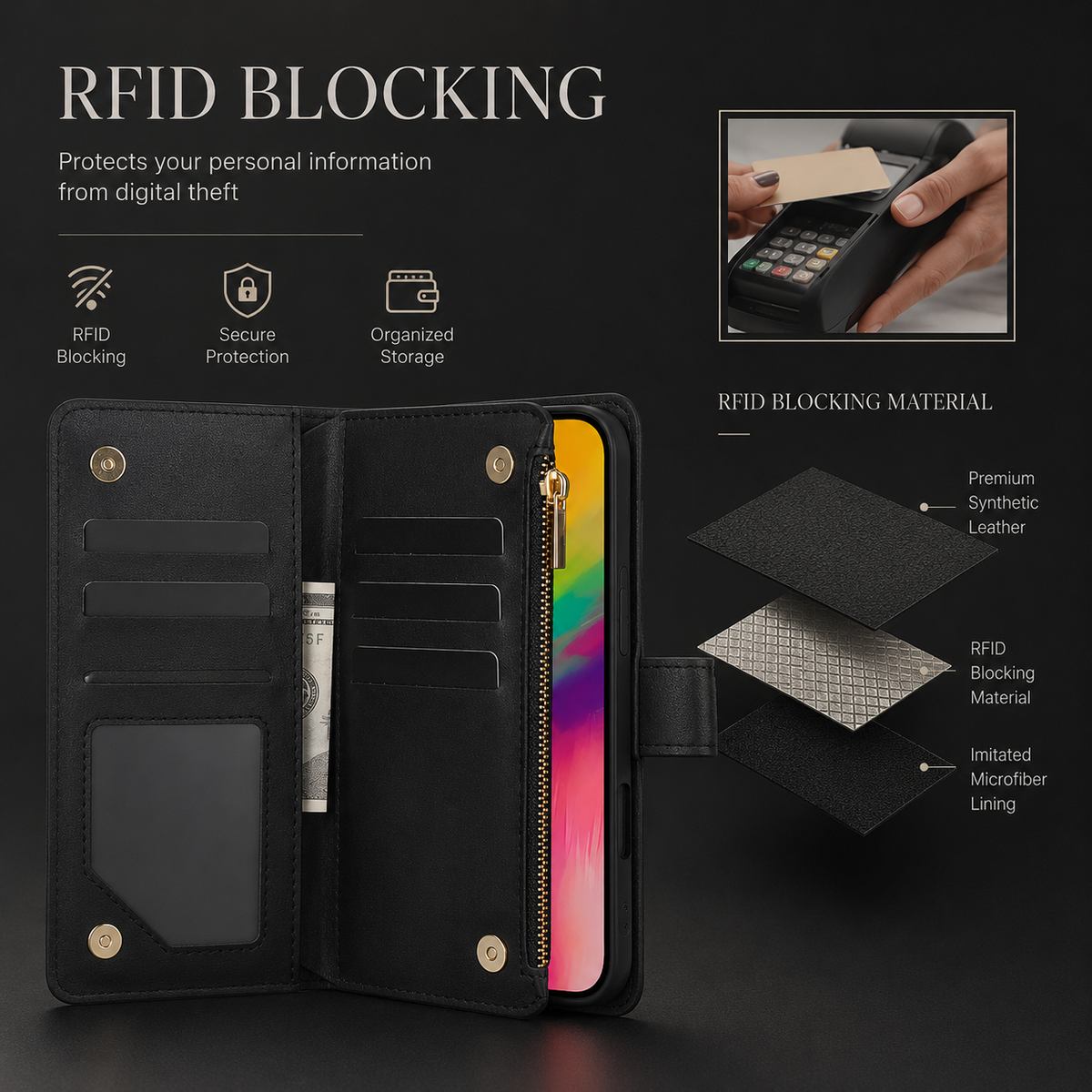 Premium iPhone Case Chain Zipper Wallet Flip Cover 6 Card Slots Magnetic Shockproof Leather Protection