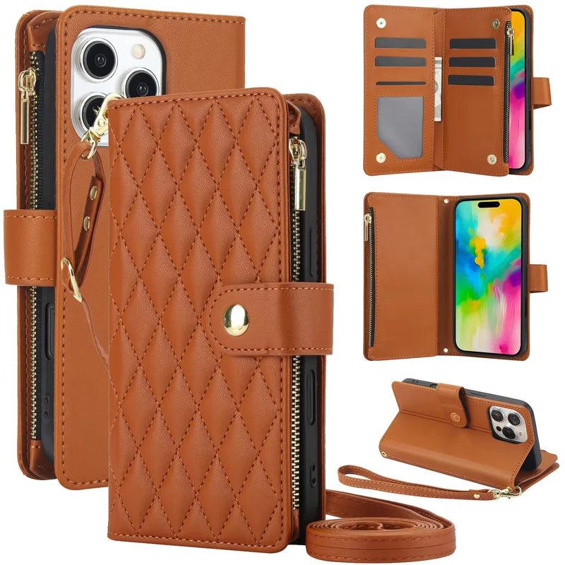 Premium iPhone Case Chain Zipper Wallet Flip Cover 6 Card Slots Magnetic Shockproof Leather Protection