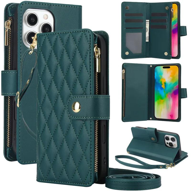 Premium iPhone Case Chain Zipper Wallet Flip Cover 6 Card Slots Magnetic Shockproof Leather Protection