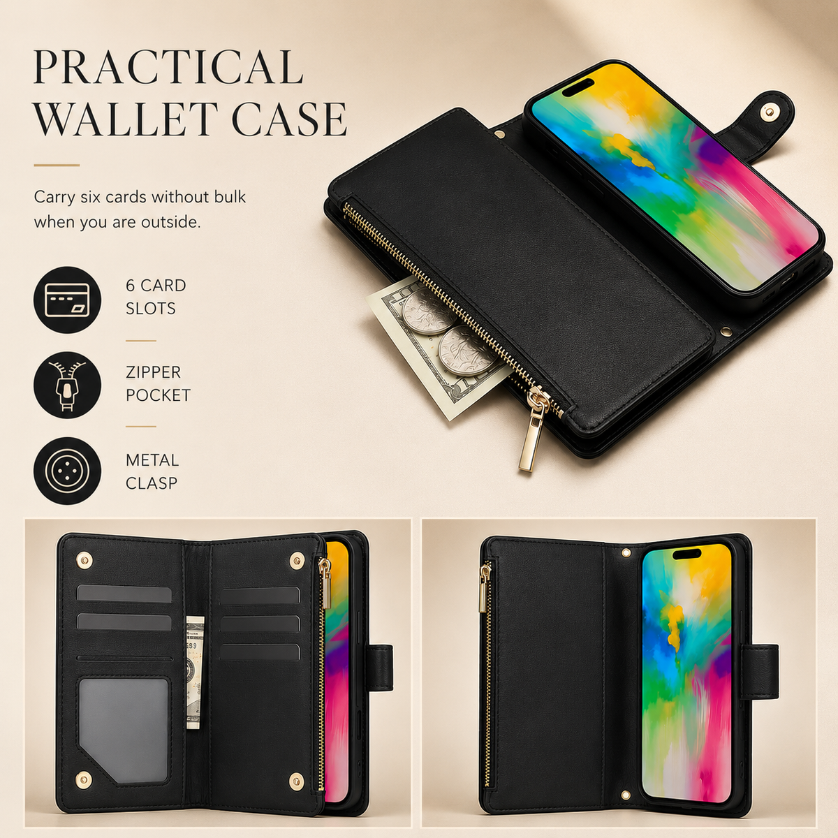 Premium iPhone Case Chain Zipper Wallet Flip Cover 6 Card Slots Magnetic Shockproof Leather Protection