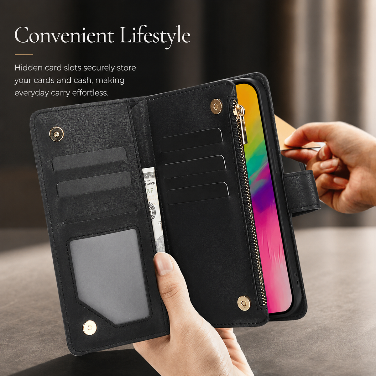 Premium iPhone Case Chain Zipper Wallet Flip Cover 6 Card Slots Magnetic Shockproof Leather Protection