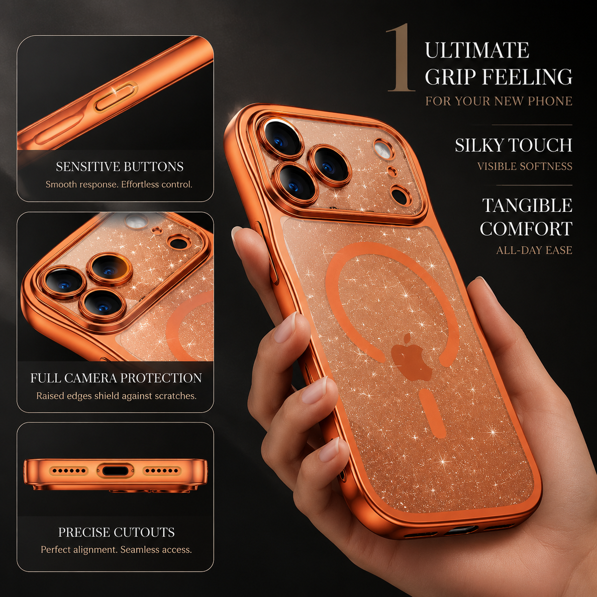 Premium iPhone Case Clear Glitter Magnetic Hard Cover MagSafe Compatible Plated Wavy Frame Anti Slip Protective Case