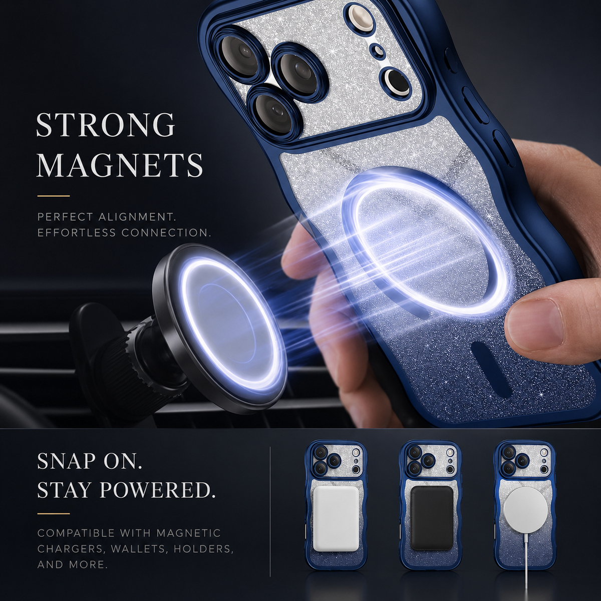 Premium iPhone Case Clear MagSafe Compatible Cover Full Camera Protection Cute Wave Frame DIY Glitter Protective Case