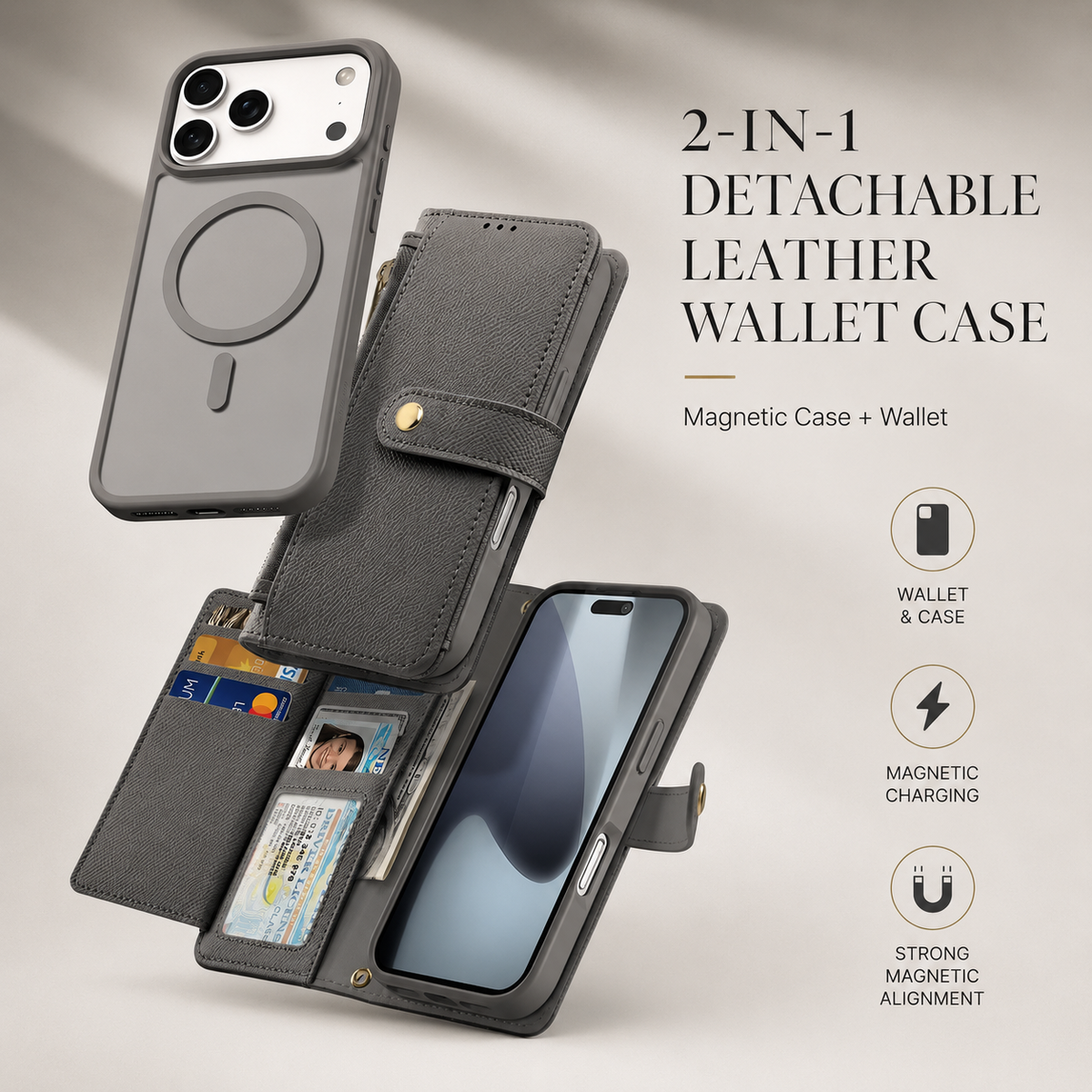 Premium iPhone Case Cow Leather Detachable Magnetic Wallet Cover with Card Slots Shockproof Drop Protection Wireless Charging Support and Lanyard Option