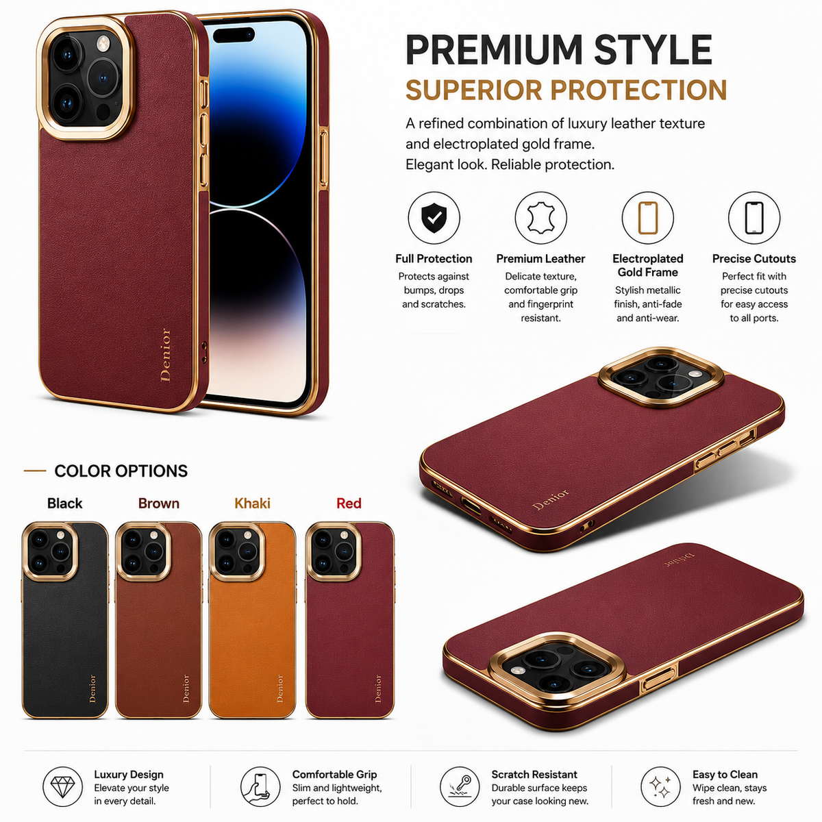 Premium iPhone Case Cowhide Electroplated Leather Cover Heat Resistant Skin Friendly Non Slip Lightweight Protective Case