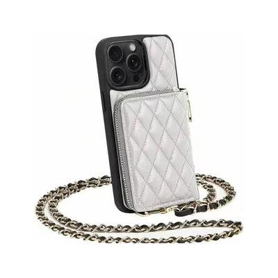 Premium iPhone Case Crossbody Leather Card Bag Diamond Stitch Chain Strap Shockproof Non Slip Portable Protective Cover
