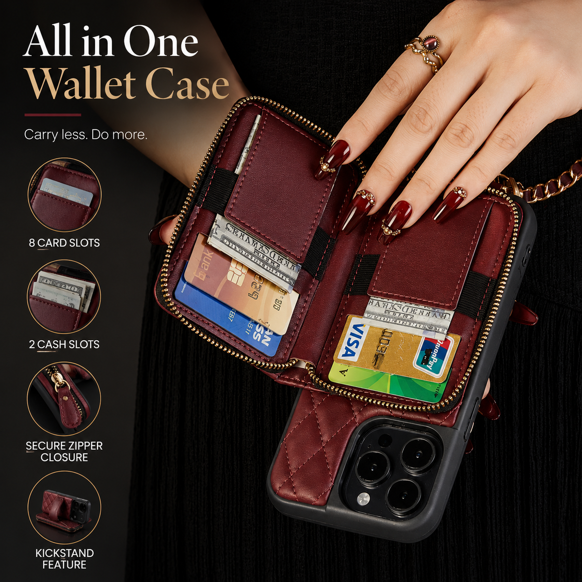 Premium iPhone Case Crossbody Leather Card Bag Diamond Stitch Chain Strap Shockproof Non Slip Portable Protective Cover