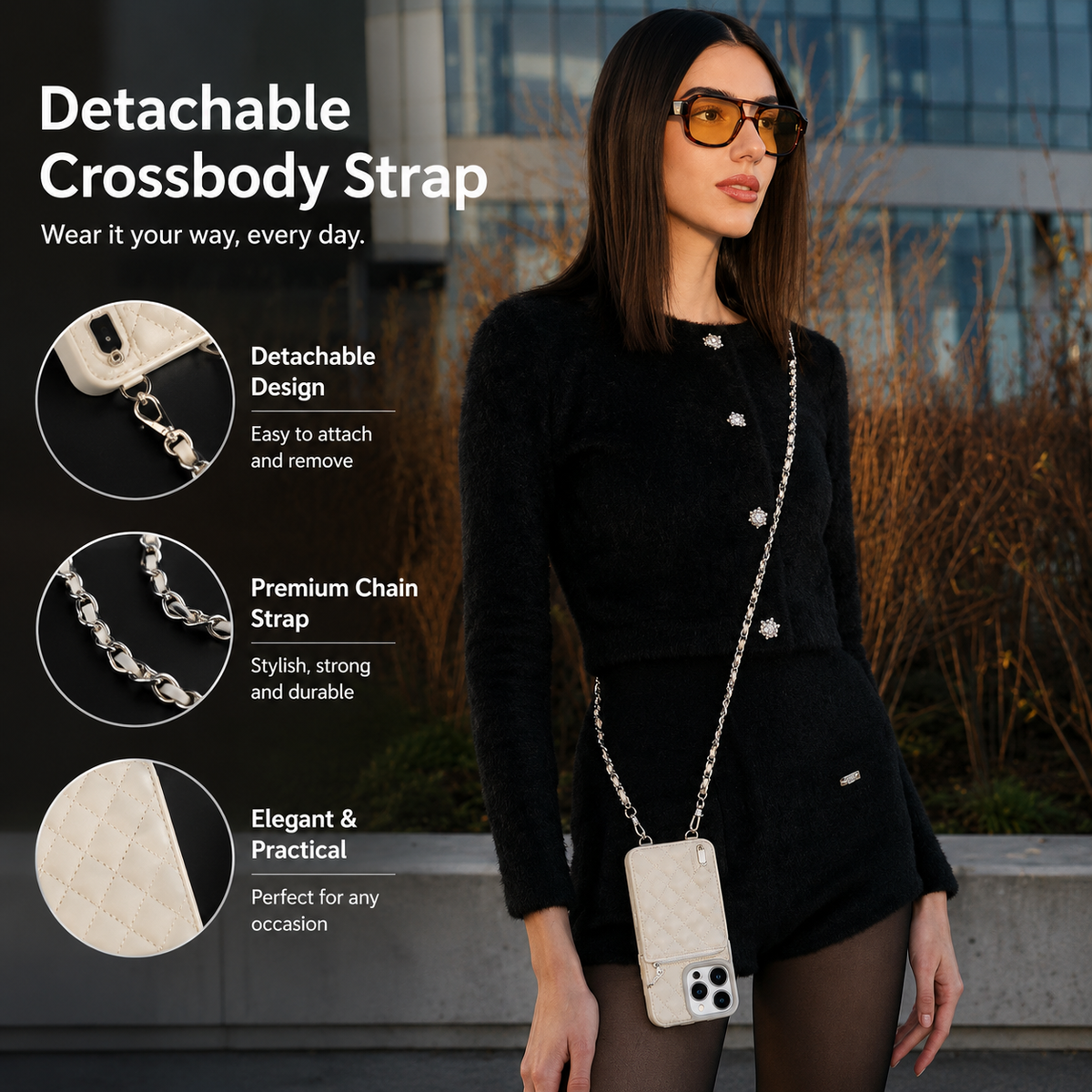 Premium iPhone Case Crossbody Leather Card Bag Diamond Stitch Chain Strap Shockproof Non Slip Portable Protective Cover