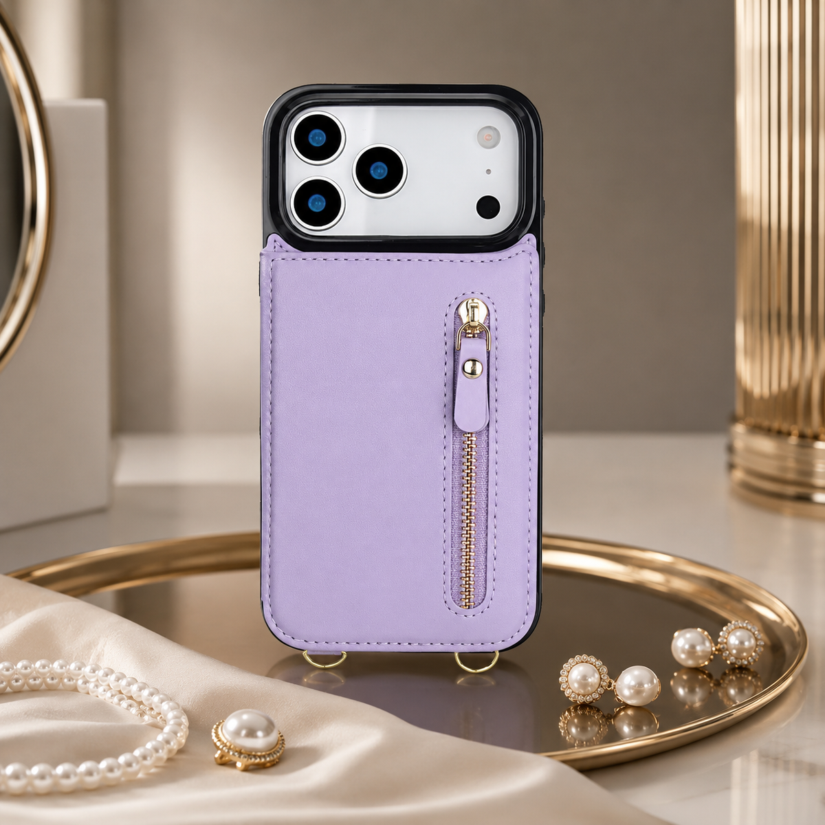 Premium iPhone Case Crossbody Leather RFID Wallet Cover with Zipper Card Slot Lanyard Strap Shockproof Anti Fingerprint Protective Design