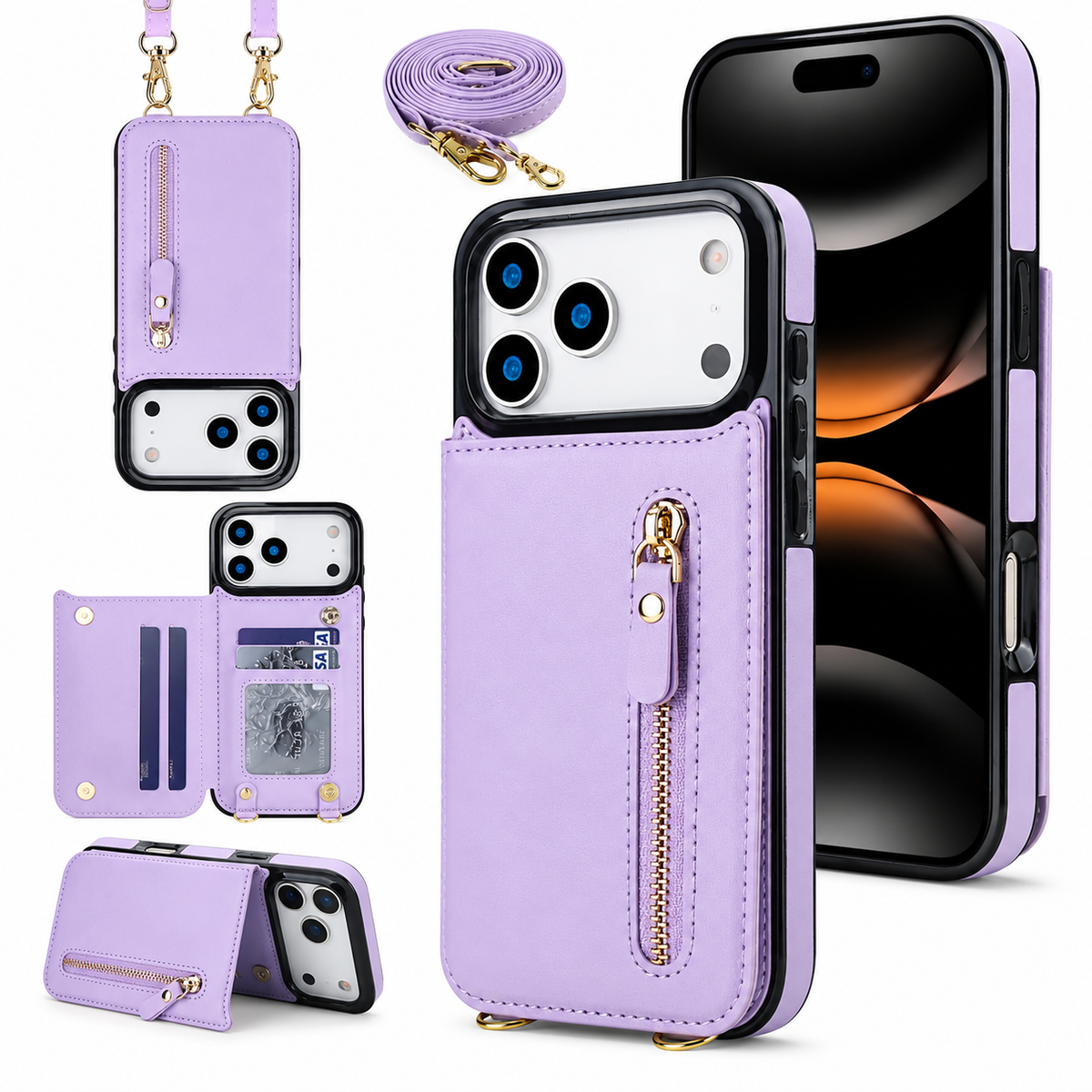 Premium iPhone Case Crossbody Leather RFID Wallet Cover with Zipper Card Slot Lanyard Strap Shockproof Anti Fingerprint Protective Design