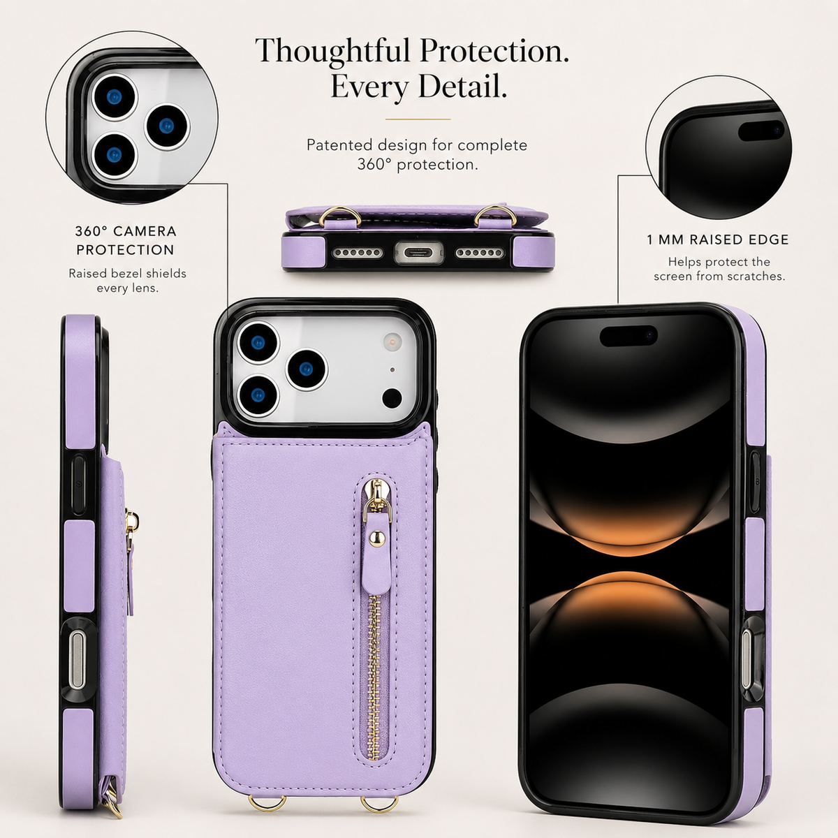 Premium iPhone Case Crossbody Leather RFID Wallet Cover with Zipper Card Slot Lanyard Strap Shockproof Anti Fingerprint Protective Design