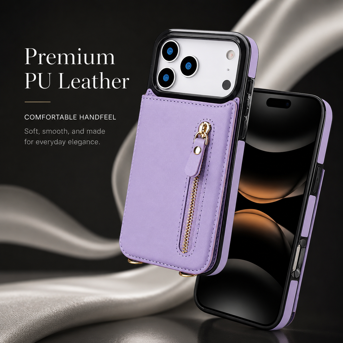 Premium iPhone Case Crossbody Leather RFID Wallet Cover with Zipper Card Slot Lanyard Strap Shockproof Anti Fingerprint Protective Design
