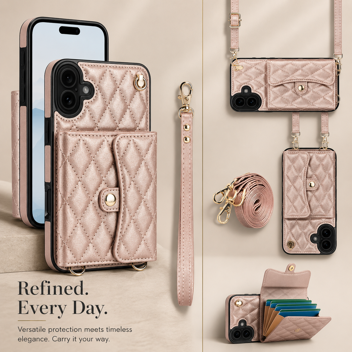 Premium iPhone Case Crossbody Leather Wallet Cover Wrist Shoulder Strap Card Coin Storage Shockproof Protection