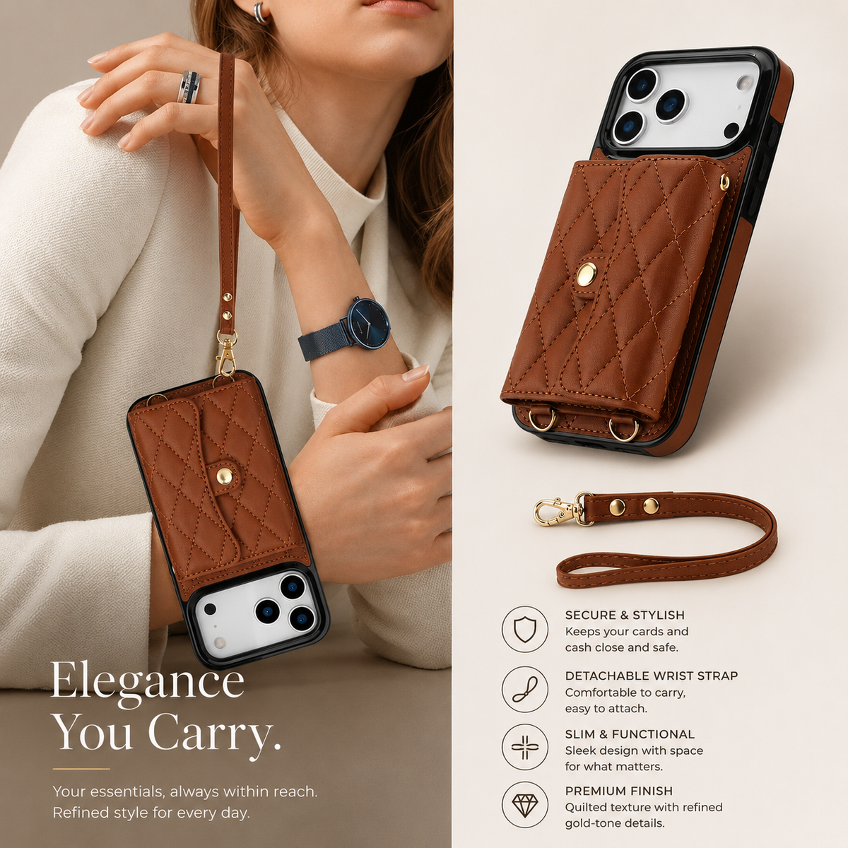 Premium iPhone Case Crossbody Leather Wallet Cover Wrist Shoulder Strap Card Coin Storage Shockproof Protection