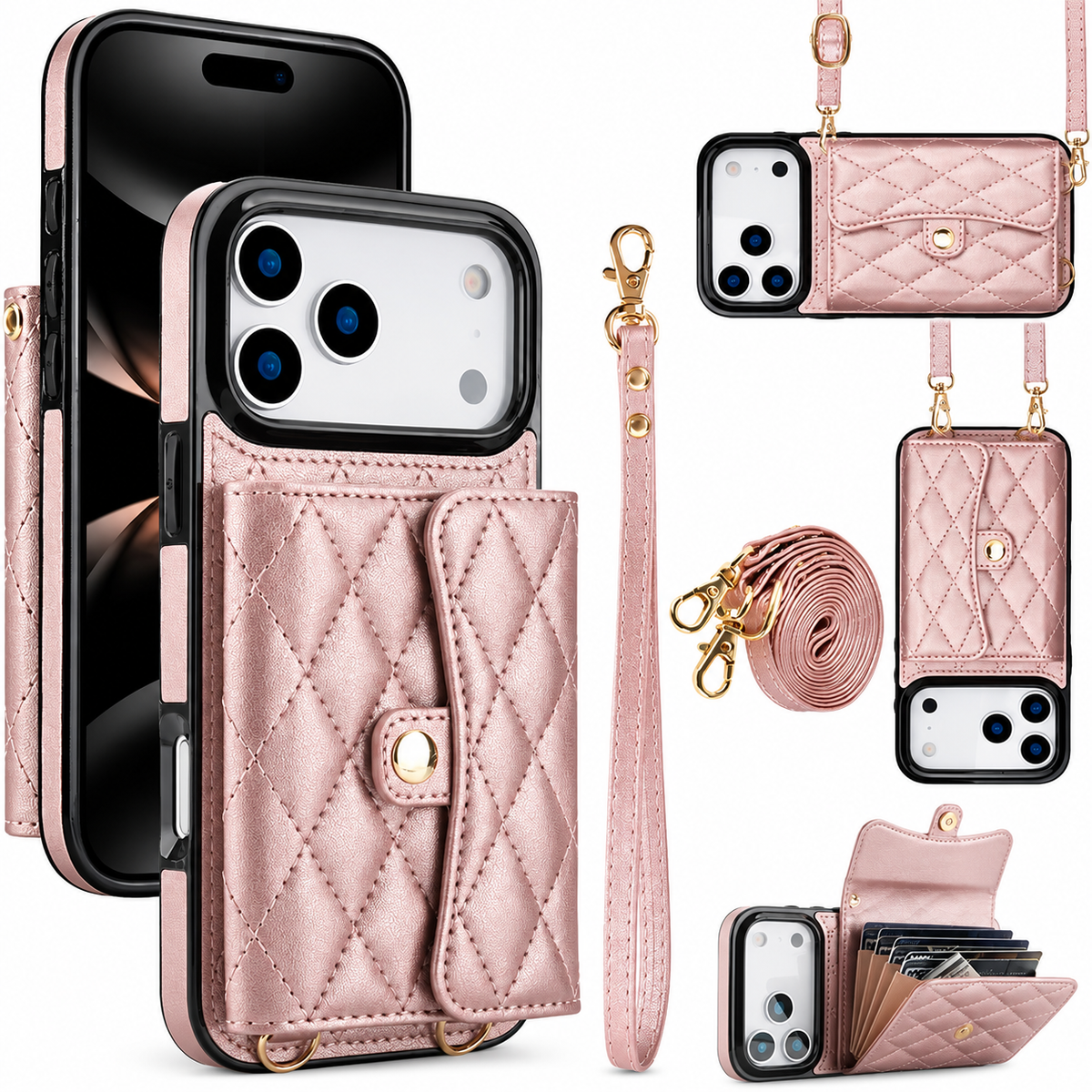 Premium iPhone Case Crossbody Leather Wallet Cover Wrist Shoulder Strap Card Coin Storage Shockproof Protection