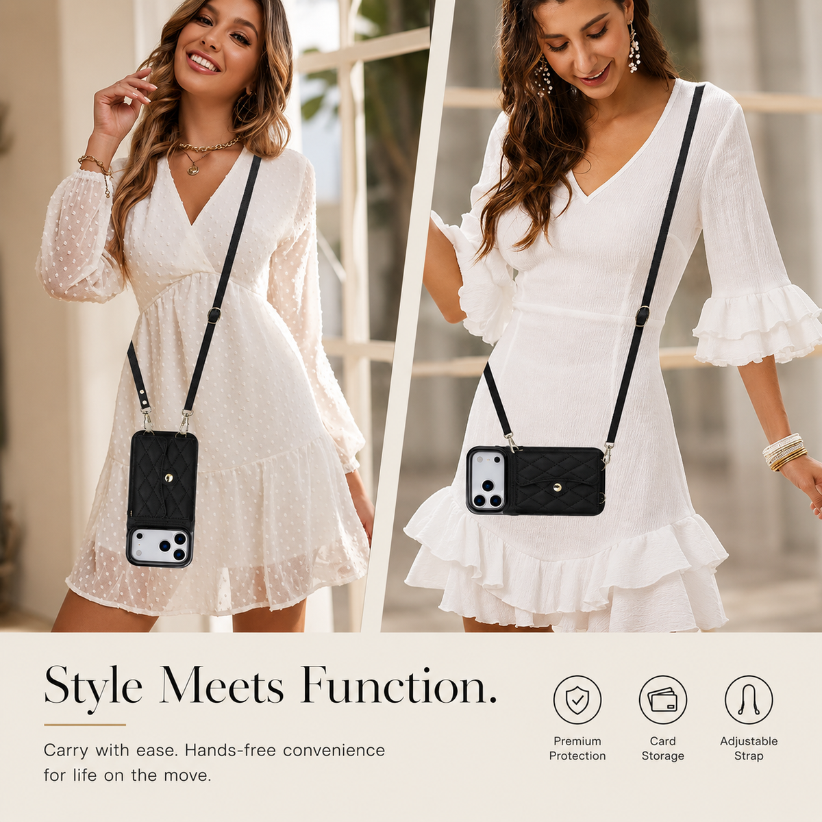 Premium iPhone Case Crossbody Leather Wallet Cover Wrist Shoulder Strap Card Coin Storage Shockproof Protection
