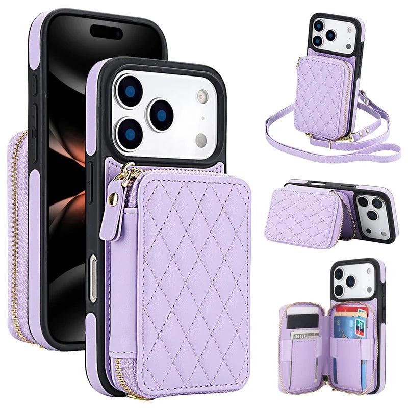 Premium iPhone Case Crossbody RFID Blocking Folio Wallet Cover Zipper Handbag Card Slots Kickstand Full Protection
