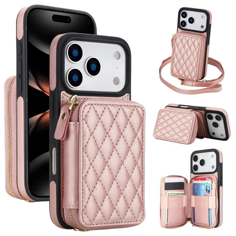 Premium iPhone Case Crossbody RFID Blocking Folio Wallet Cover Zipper Handbag Card Slots Kickstand Full Protection