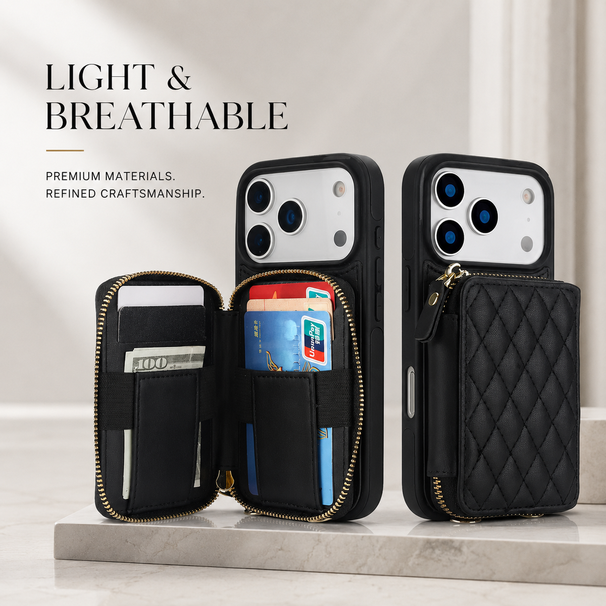 Premium iPhone Case Crossbody RFID Blocking Folio Wallet Cover Zipper Handbag Card Slots Kickstand Full Protection