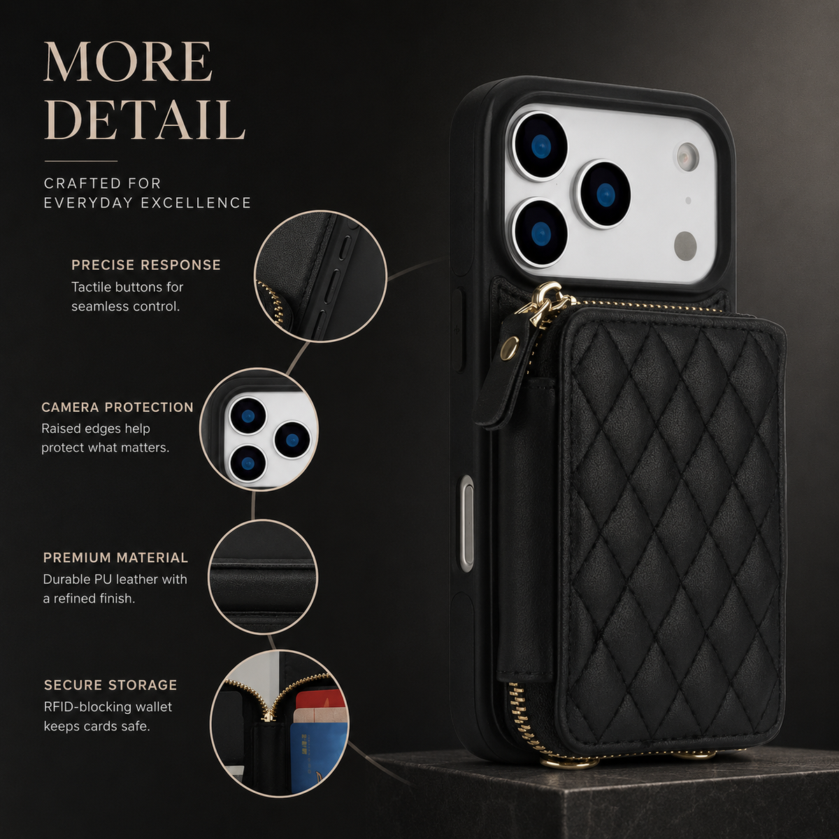 Premium iPhone Case Crossbody RFID Blocking Folio Wallet Cover Zipper Handbag Card Slots Kickstand Full Protection