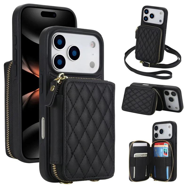 Premium iPhone Case Crossbody RFID Blocking Folio Wallet Cover Zipper Handbag Card Slots Kickstand Full Protection
