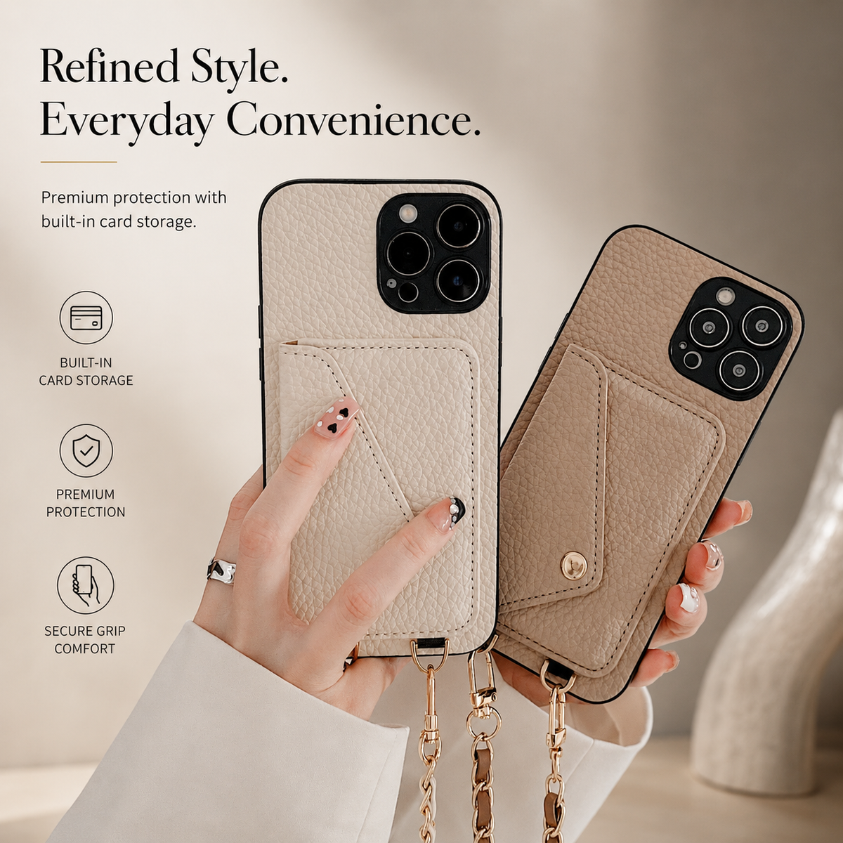 Premium iPhone Case Crossbody Wallet Cover Card Holder Chain Strap PU Leather Full Protection Design