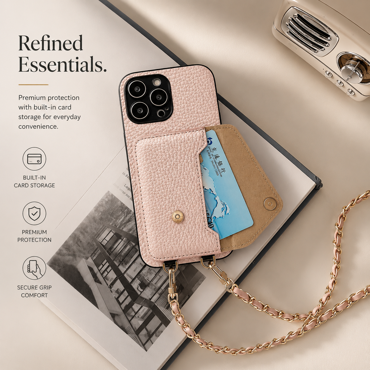 Premium iPhone Case Crossbody Wallet Cover Card Holder Chain Strap PU Leather Full Protection Design