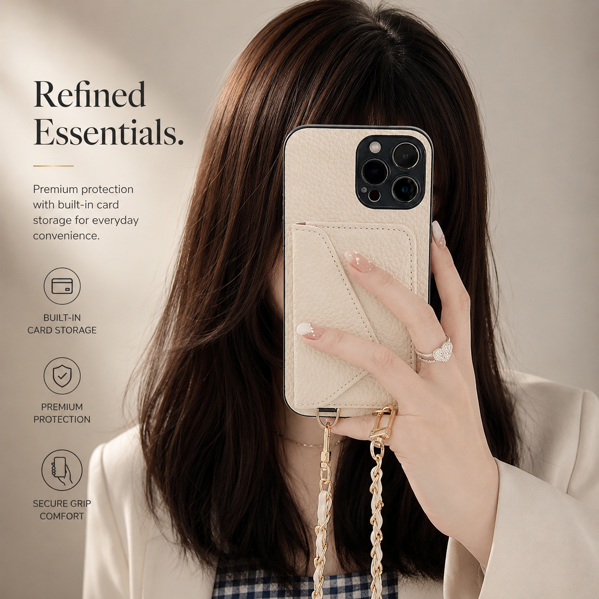 Premium iPhone Case Crossbody Wallet Cover Card Holder Chain Strap PU Leather Full Protection Design