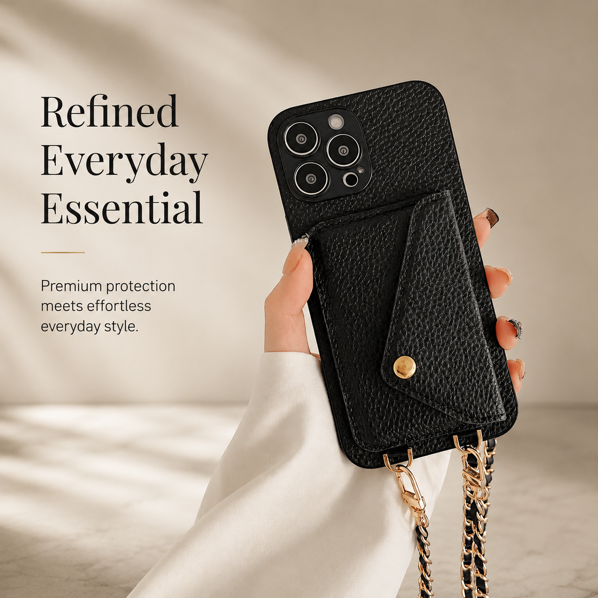 Premium iPhone Case Crossbody Wallet Cover Card Holder Chain Strap PU Leather Full Protection Design