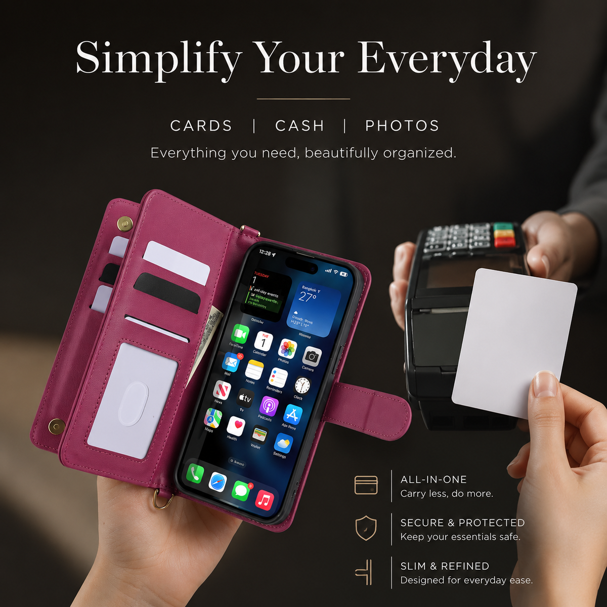 Premium iPhone Case Crossbody Wallet Cover PU Leather Card Holder Shoulder Strap Shockproof Full Protection