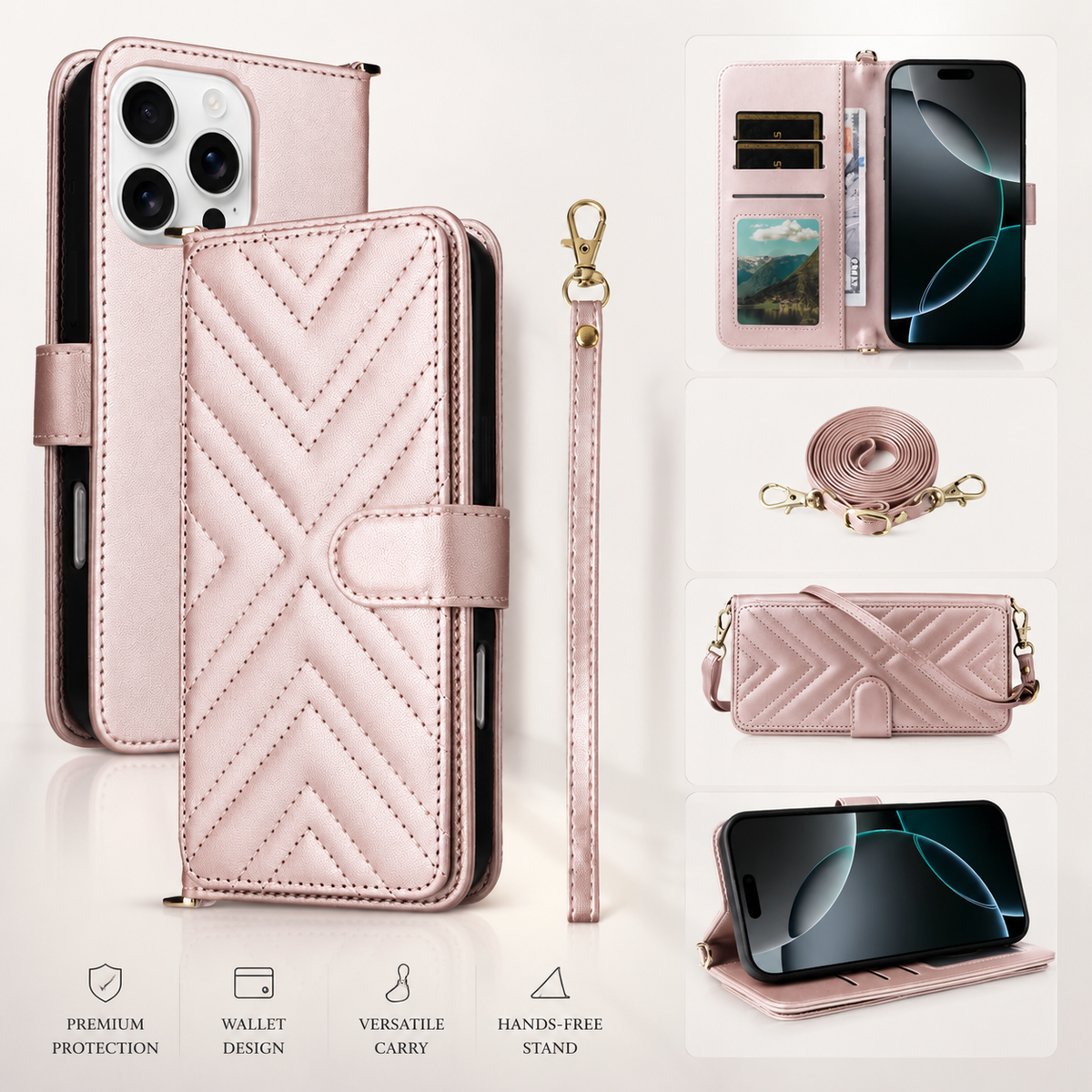 Premium iPhone Case Crossbody Wallet Cover PU Leather Card Holder Shoulder Strap Shockproof Full Protection
