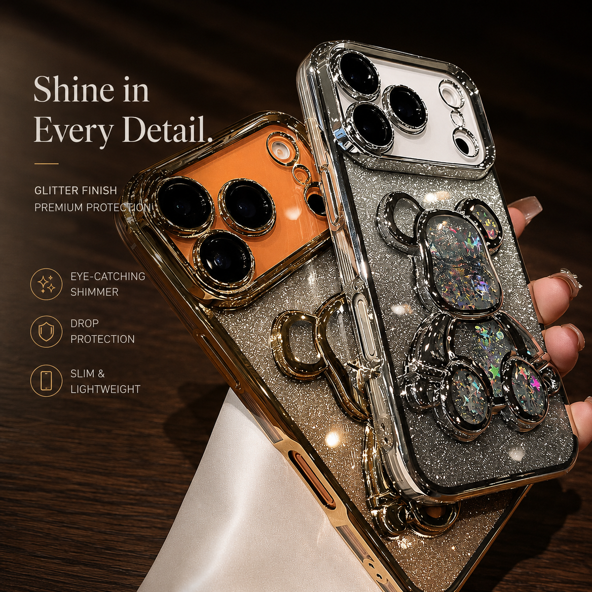 Premium iPhone Case Cute Glitter Quicksand Bear Cover Shockproof Acrylic Cartoon Protective Case With Camera Protection