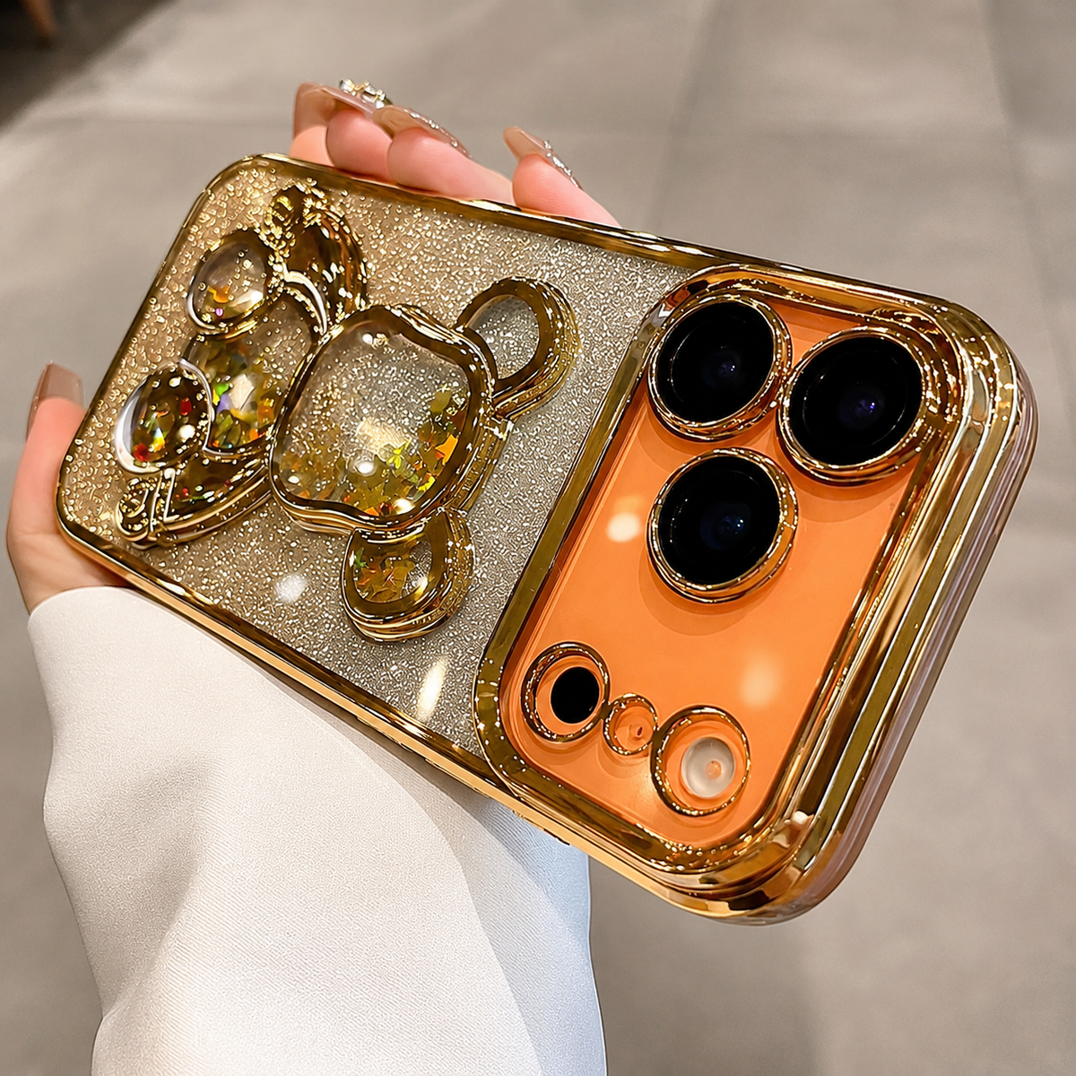 Premium iPhone Case Cute Glitter Quicksand Bear Cover Shockproof Acrylic Cartoon Protective Case With Camera Protection
