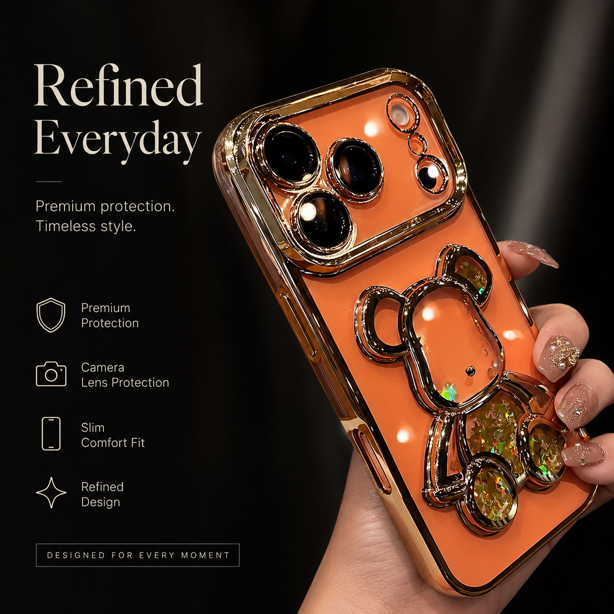Premium iPhone Case Cute Glitter Quicksand Bear Cover Shockproof Acrylic Cartoon Protective Case With Camera Protection