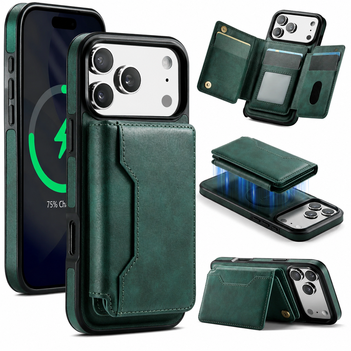 Premium iPhone Case Detachable Magnetic Leather Wallet Cover Card Holder MagSafe Shockproof Scratch Resistant Protection