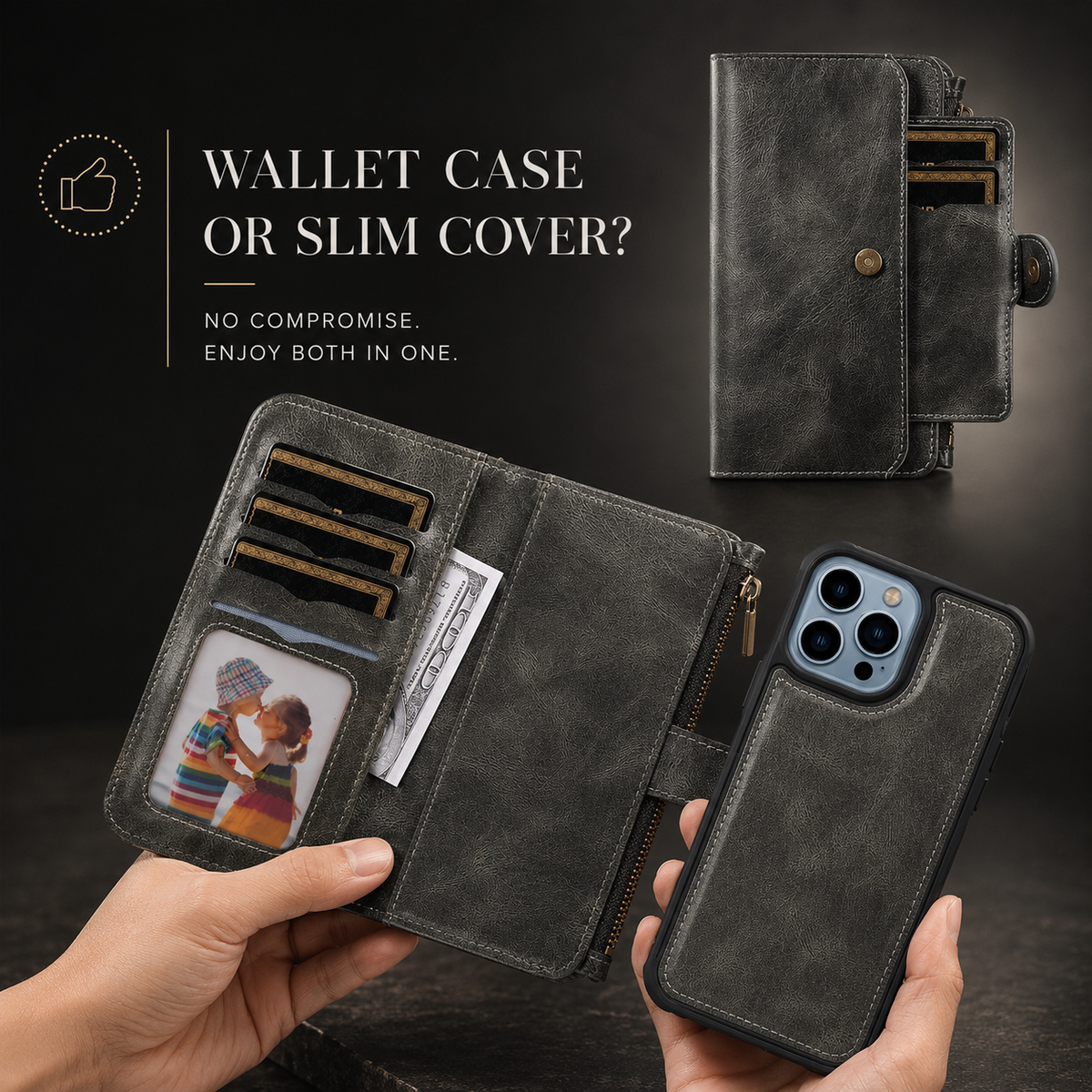 Premium iPhone Case Detachable Retro PU Leather Zipper Wallet Cover Card Slots Shockproof Protection