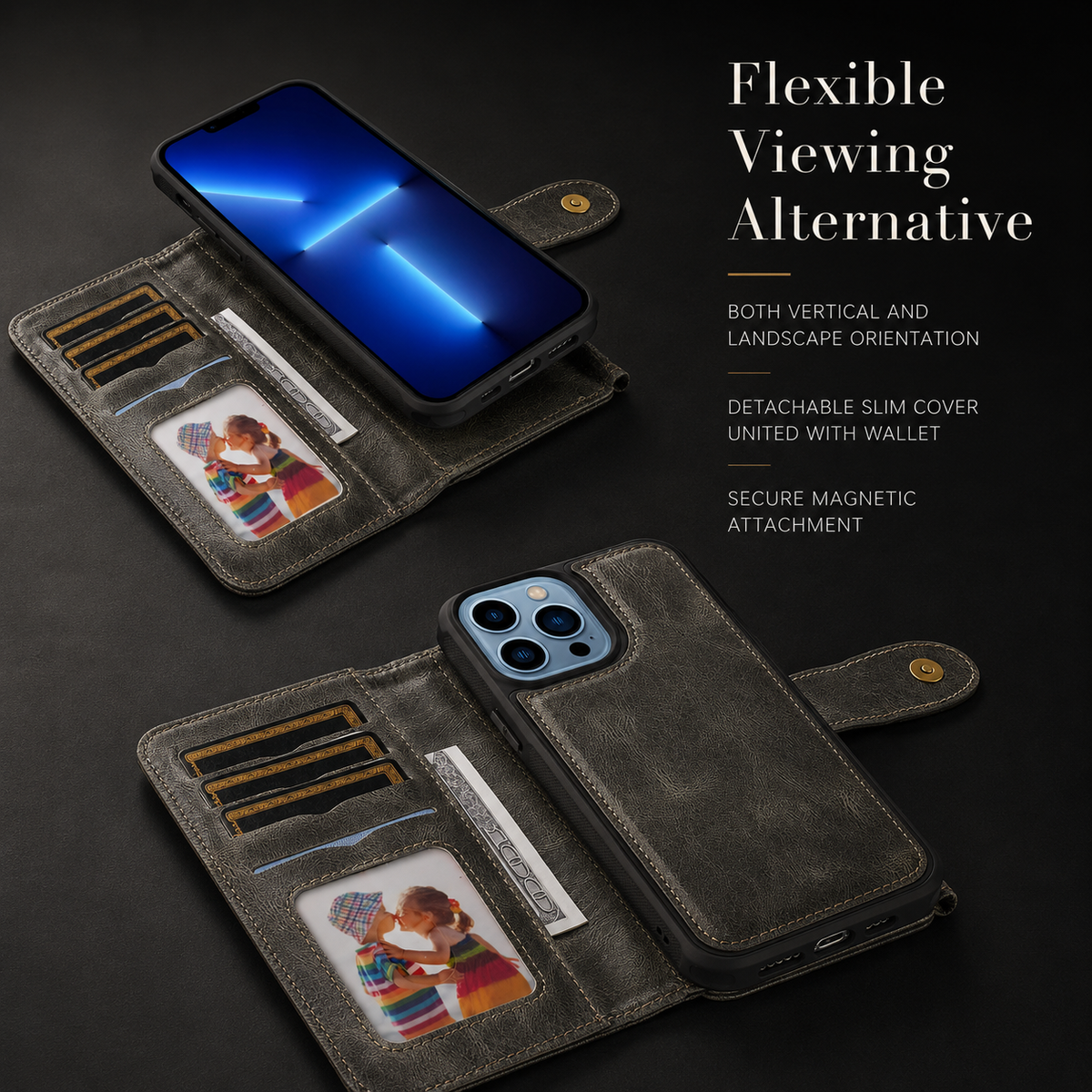 Premium iPhone Case Detachable Retro PU Leather Zipper Wallet Cover Card Slots Shockproof Protection